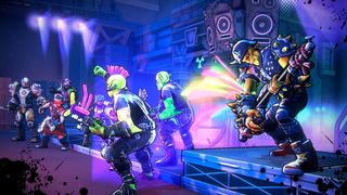 An image from heavy metal deckbuilding game Power Chord. Musicians battle with demons using their music.