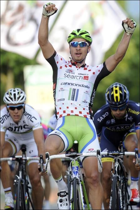 Points leader Peter Sagan (Cannondale) celebrates his second victory at the Tour de Suisse