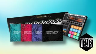 A selection of Native Instruments software, MIDI keyboard, and MIDI controller on a light coloured background