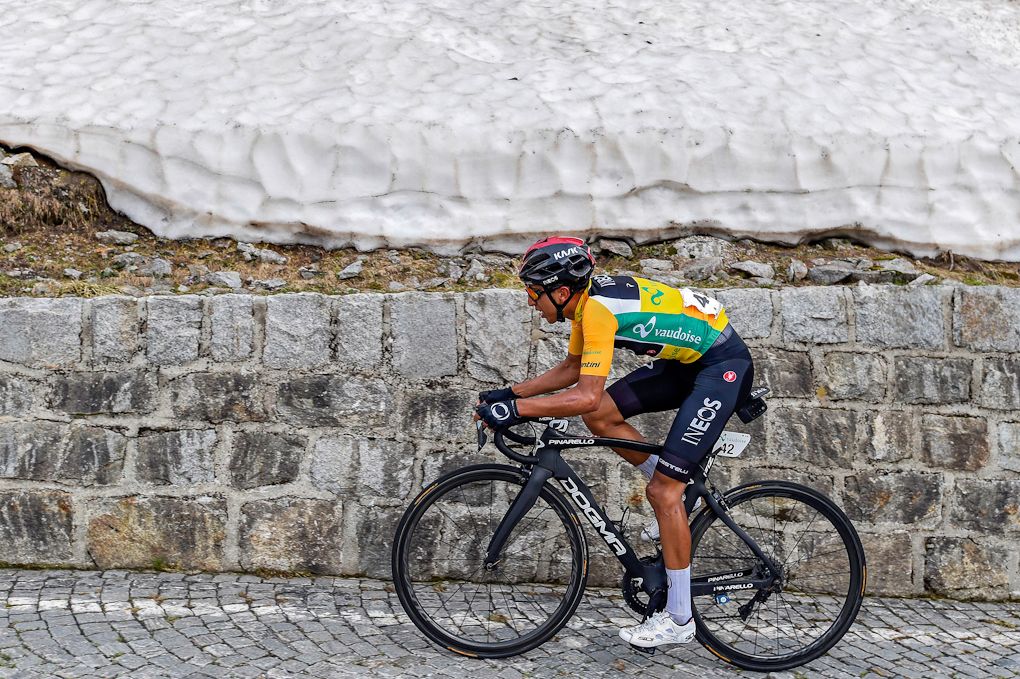 Egan Bernal attacks on the final climb of stage 7 at Tour de Suisse