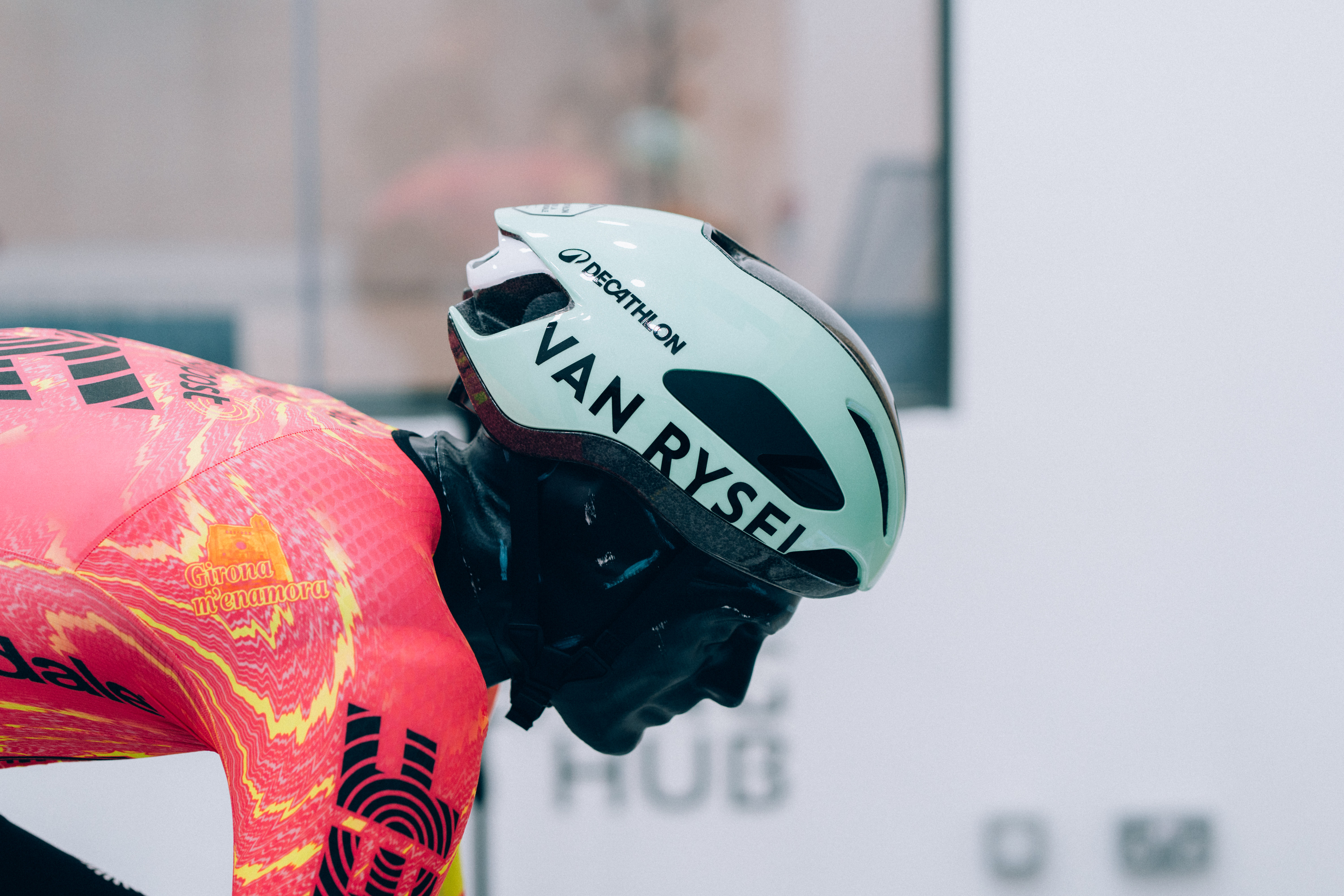 A close up of helmets being tested in the wind tunnel