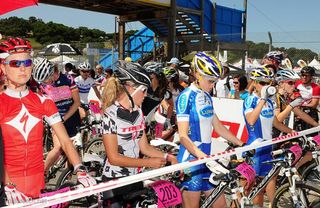 The elite women on the starting line at the Sea Otter Classic