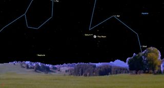 A pixelated horizon shows a grassy filed below a dark night sky with a small moon and blue lines connect stars to form constellations, which are all labeled.