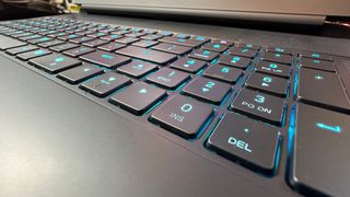 A close-up photo of the keyboard of the Alienware 18 Area-51 gaming laptop
