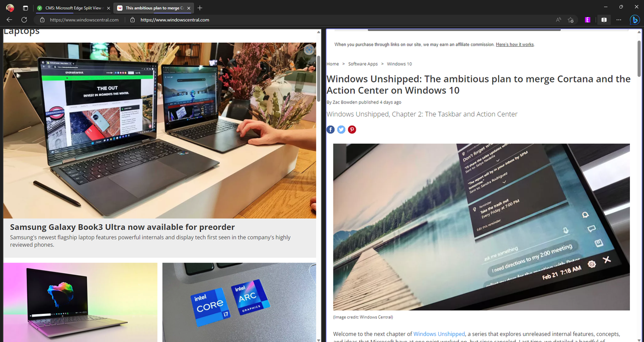 Microsoft Edge Split Screen view