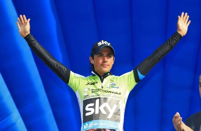Pete Kennaugh (Team Sky) in the Coppi e Bartali leader's jersey