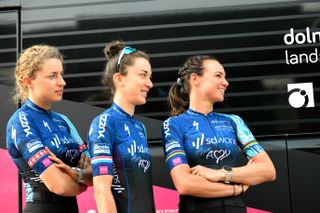 Marlen Reusser, Christine Majerus, and Chantal van den Broek-Blaak wearing Stay Strong Amy jerseys