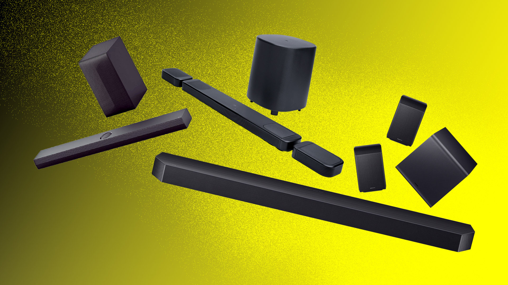 Three soundbar systems floating alon a yellow and black image.