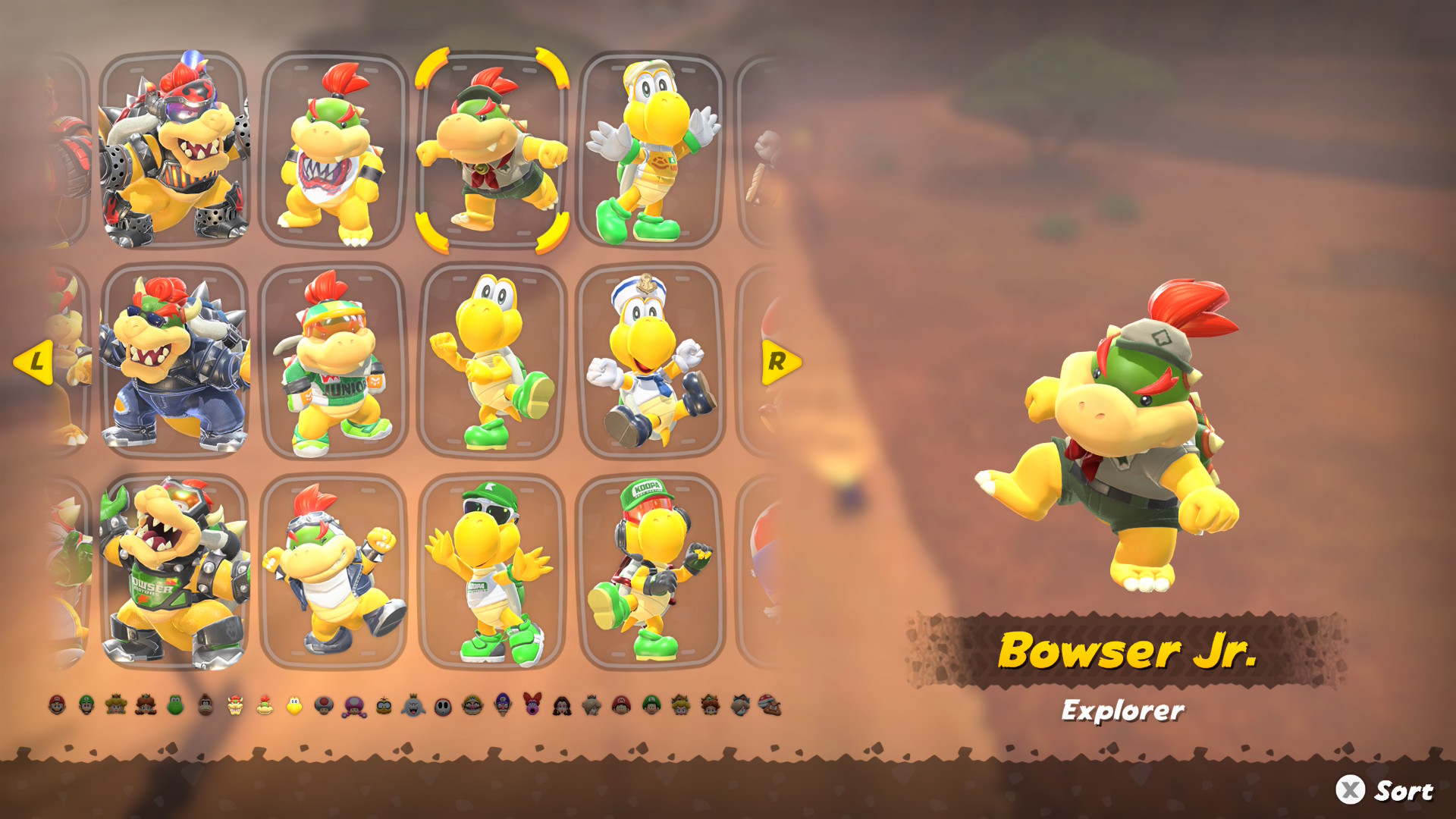 Mario Kart World Bowser Jr outfits including Explorer