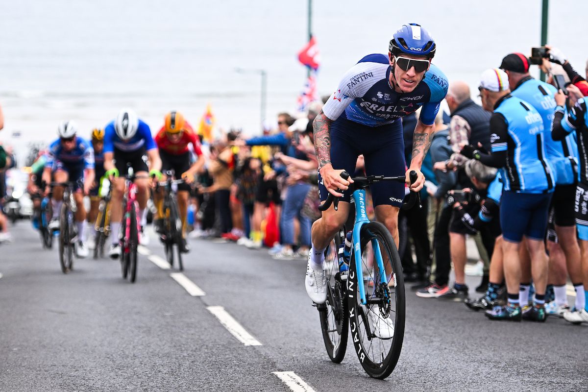 Picture by Will Palmer/SWpix.com - 04/09/2024 - Lloyds Bank Tour of Britain 2024 - Stage 2:&Acirc;&nbsp;Darlington to Redcar, England - Jake Stewart (Israel - Premier Tech) climbing the Saltburn Bank