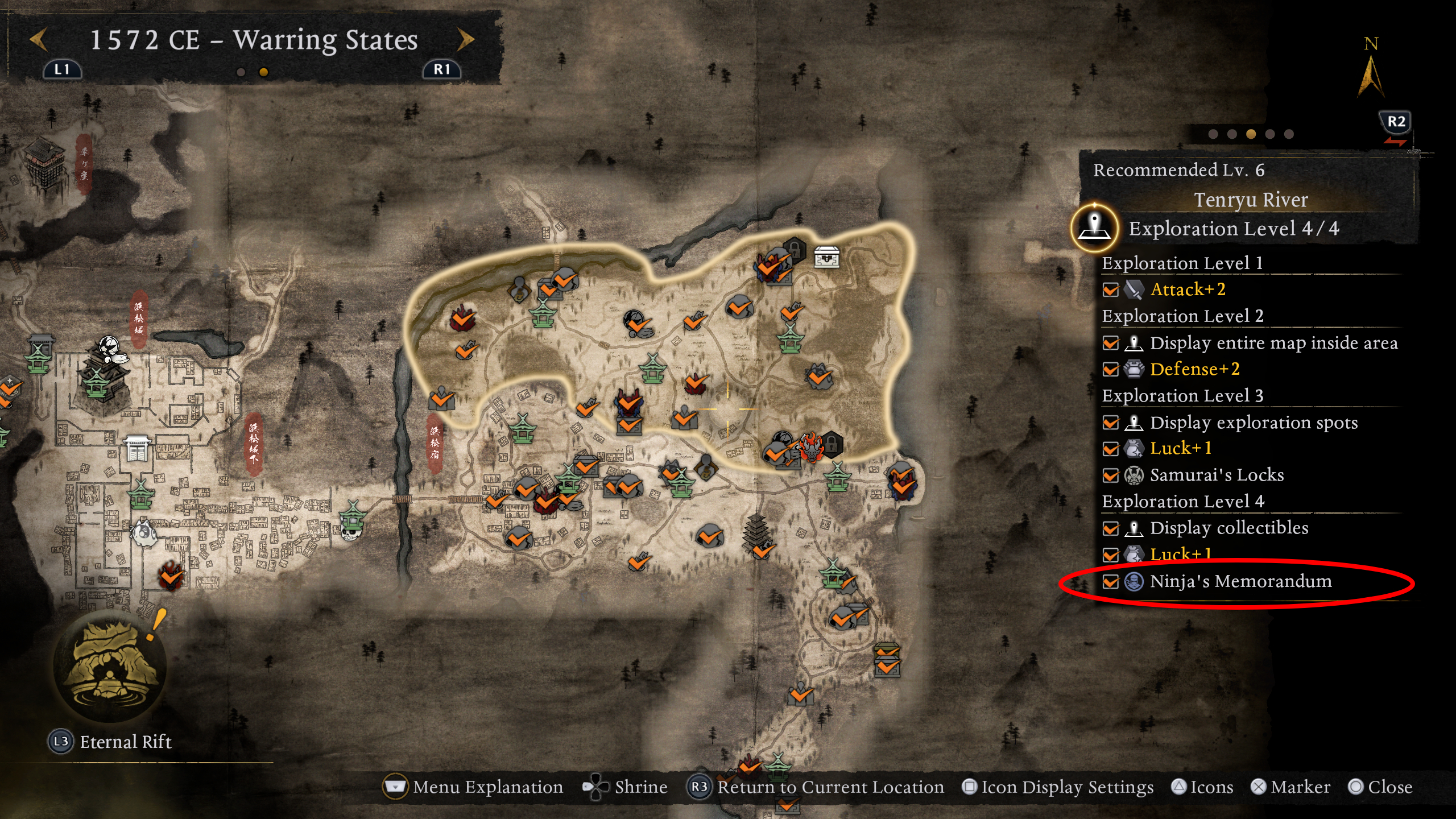 Nioh 3 skill capacity: A map with a red oval highlighting a Ninja's Memorandum reward for exploration completion.
