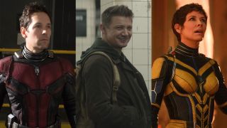 From left to right: Paul Rudd in Ant-Man and the Wasp, Jeremy Renner in Hawkeye and Evangeline Lilly in Ant-Man and the Wasp: Quantumania