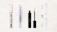 Collage of four of the best clear mascaras from (left to right) 17, Physicians Formula, Dr Hauschka and elf Cosmetics, set against a taupe background with two single line drawings 