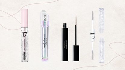 Collage of four of the best clear mascaras from (left to right) 17, Physicians Formula, Dr Hauschka and elf Cosmetics, set against a taupe background with two single line drawings 