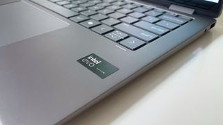 Close up of the Intel Evo sticker on the HP Envy x360 2-in-1