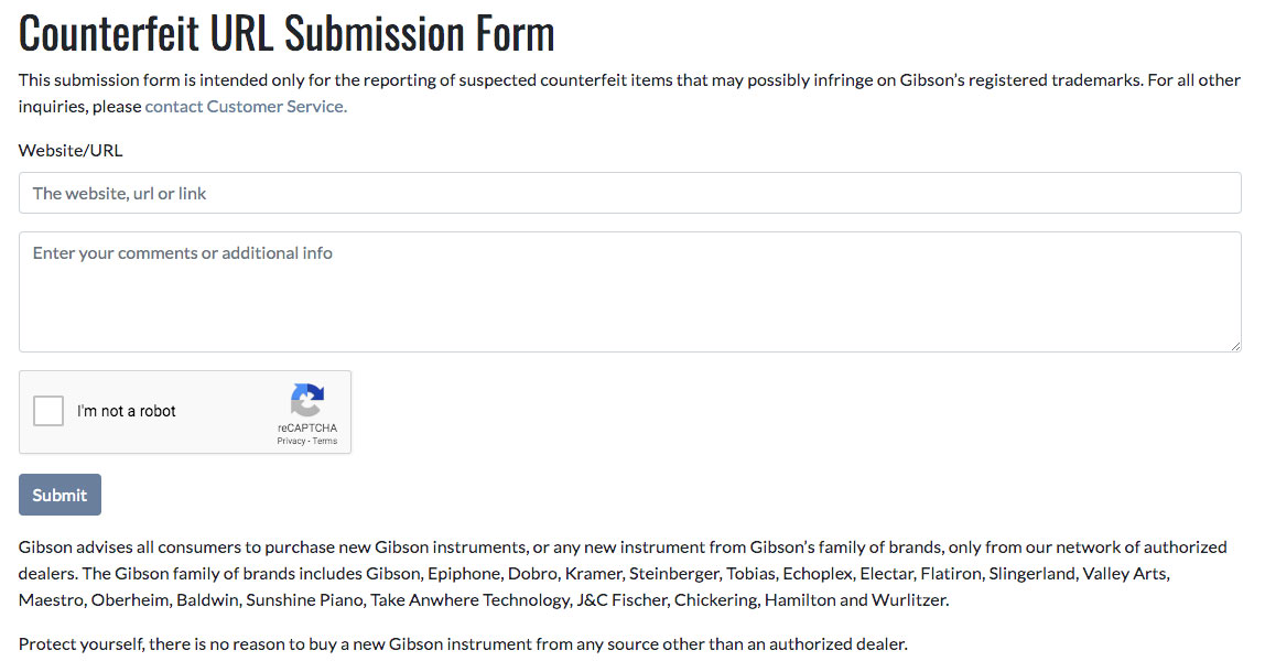 Gibson counterfeit URL form