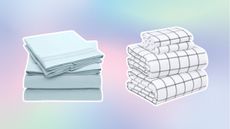 Blue bed sheets and white bedsheets on pastel background