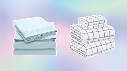 Blue bed sheets and white bedsheets on pastel background