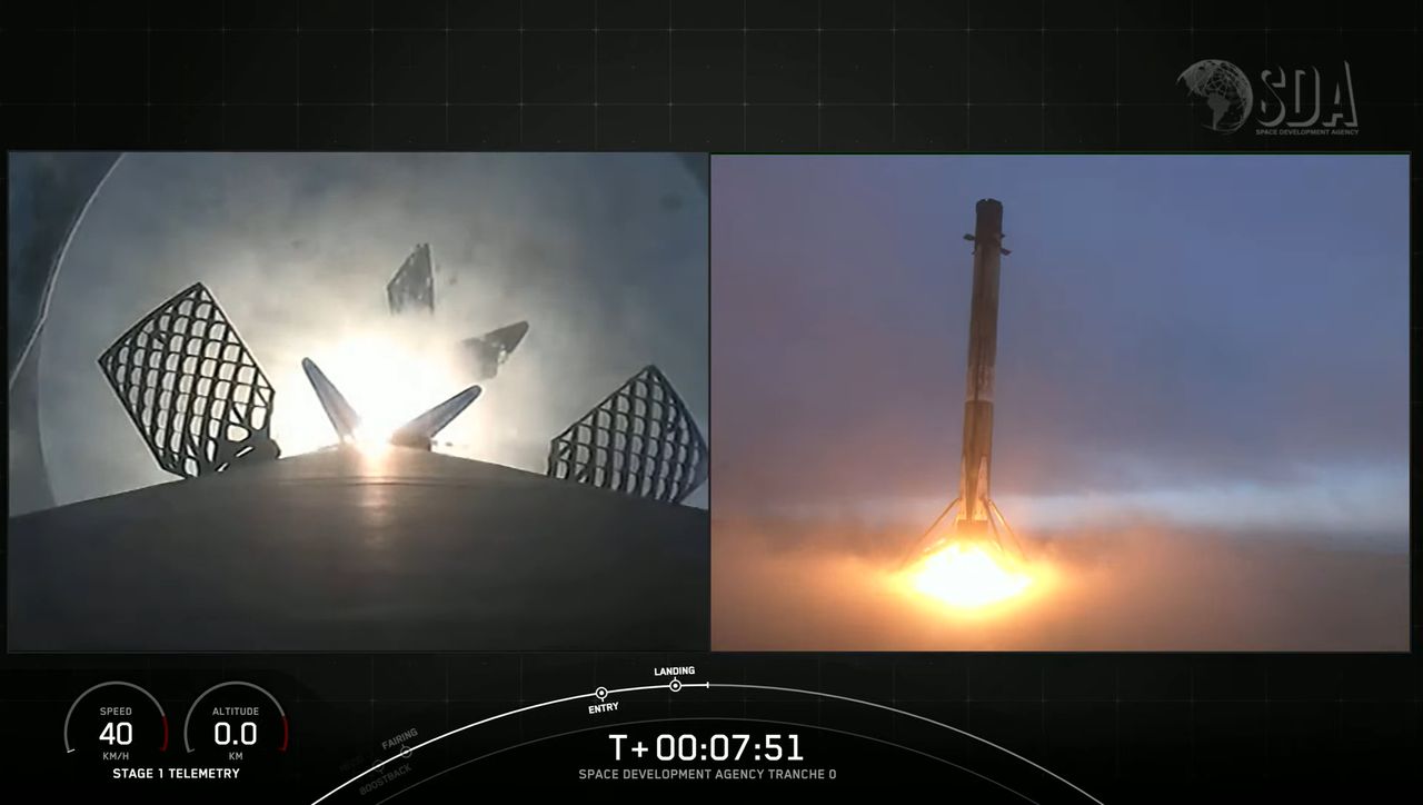 A SpaceX Falcon 9 rocket lands after launching 10 Tranche 0 military satellites for the U.S. Space Development Agency and Space Force into orbit from Vandenberg Space Force Base in California on April 2, 2023.