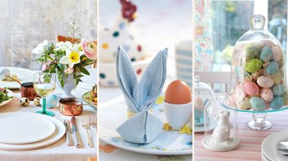 Compilation of three Easter tables to inspire Easter table decor ideas including flower arrangements, bunny ear napkins and glass cloches filled with eggs