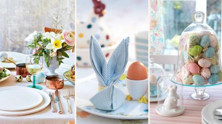 Compilation of three Easter tables to inspire Easter table decor ideas including flower arrangements, bunny ear napkins and glass cloches filled with eggs