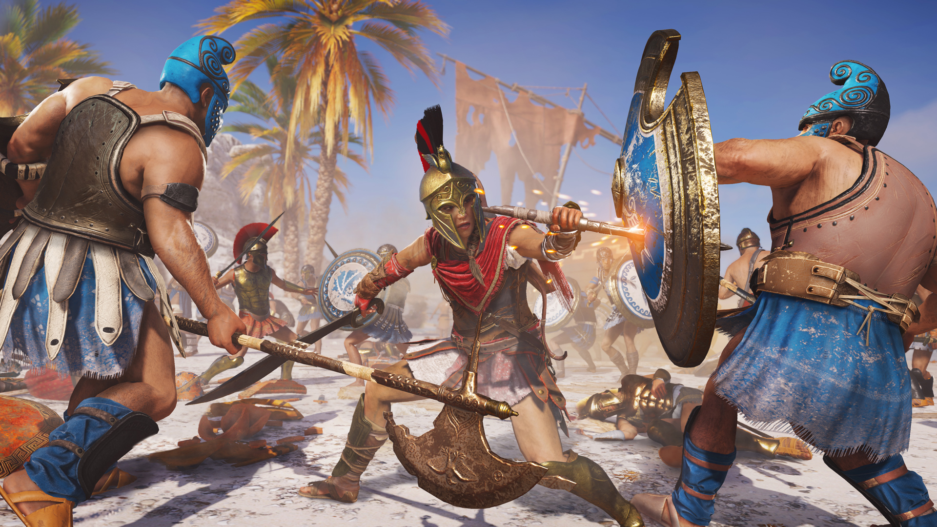 Assassin's Creed Odyssey Spartan solider fighting two Athenian soldiers