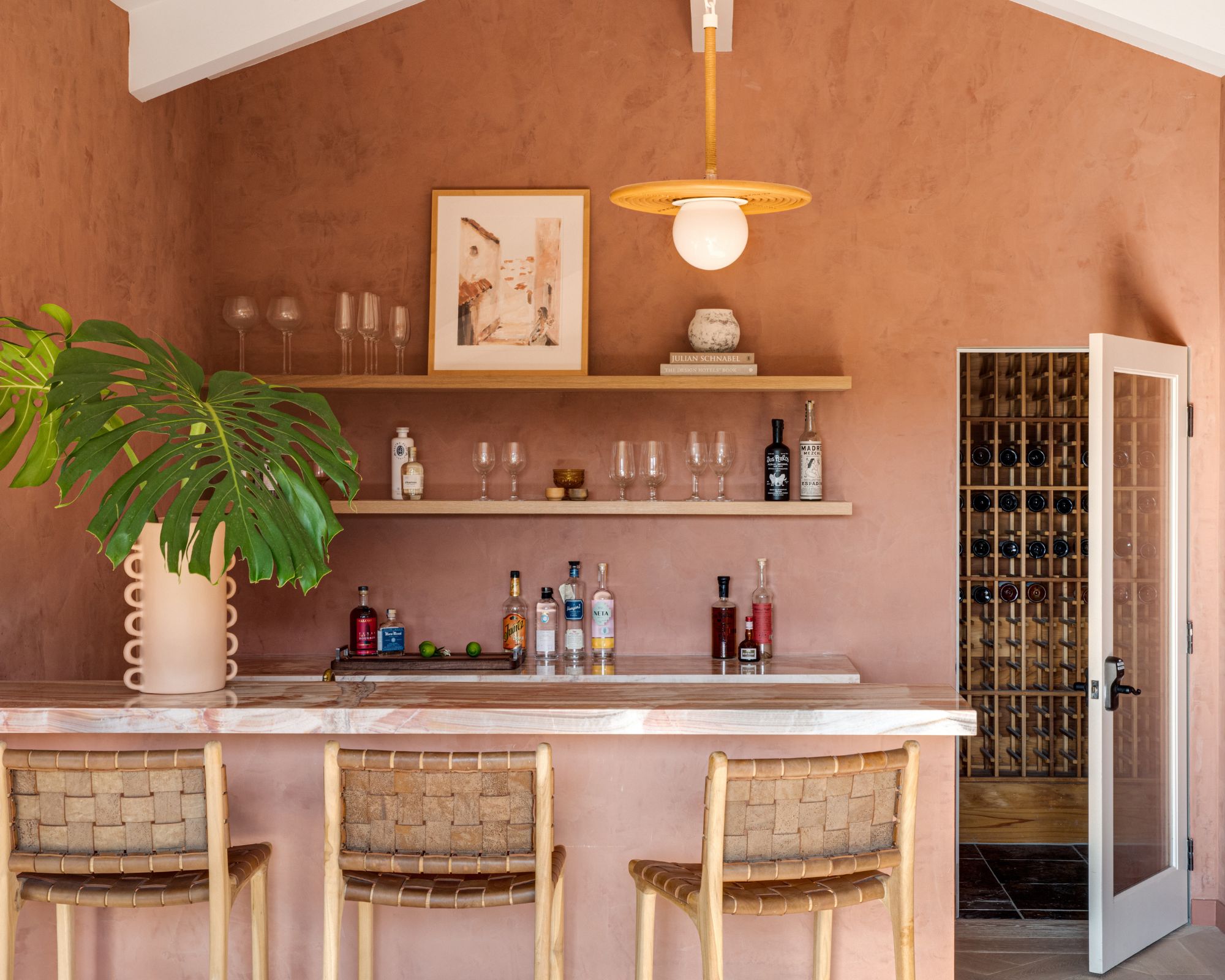 plaster pink paint in open kitchen
