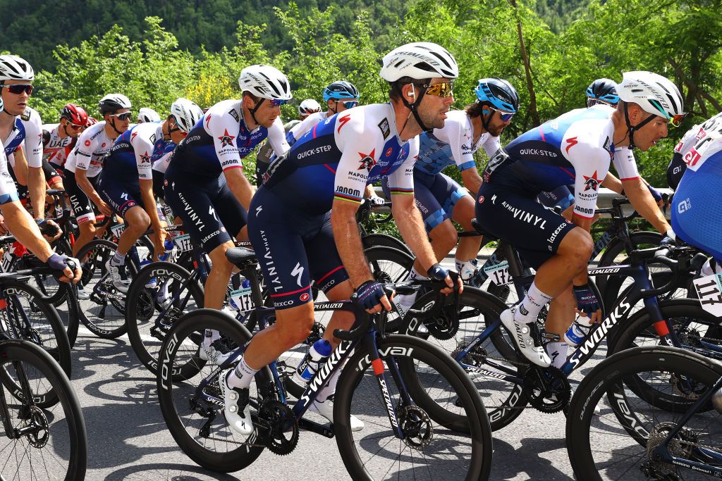 CUNEO ITALY MAY 20 LR Mark Cavendish of United Kingdom and Davide Ballerini of Italy and Team QuickStep Alpha Vinyl compete during the 105th Giro dItalia 2022 Stage 13 a 150km stage from Sanremo to Cuneo 547m Giro WorldTour on May 20 2022 in Cuneo Italy Photo by Michael SteeleGetty Images