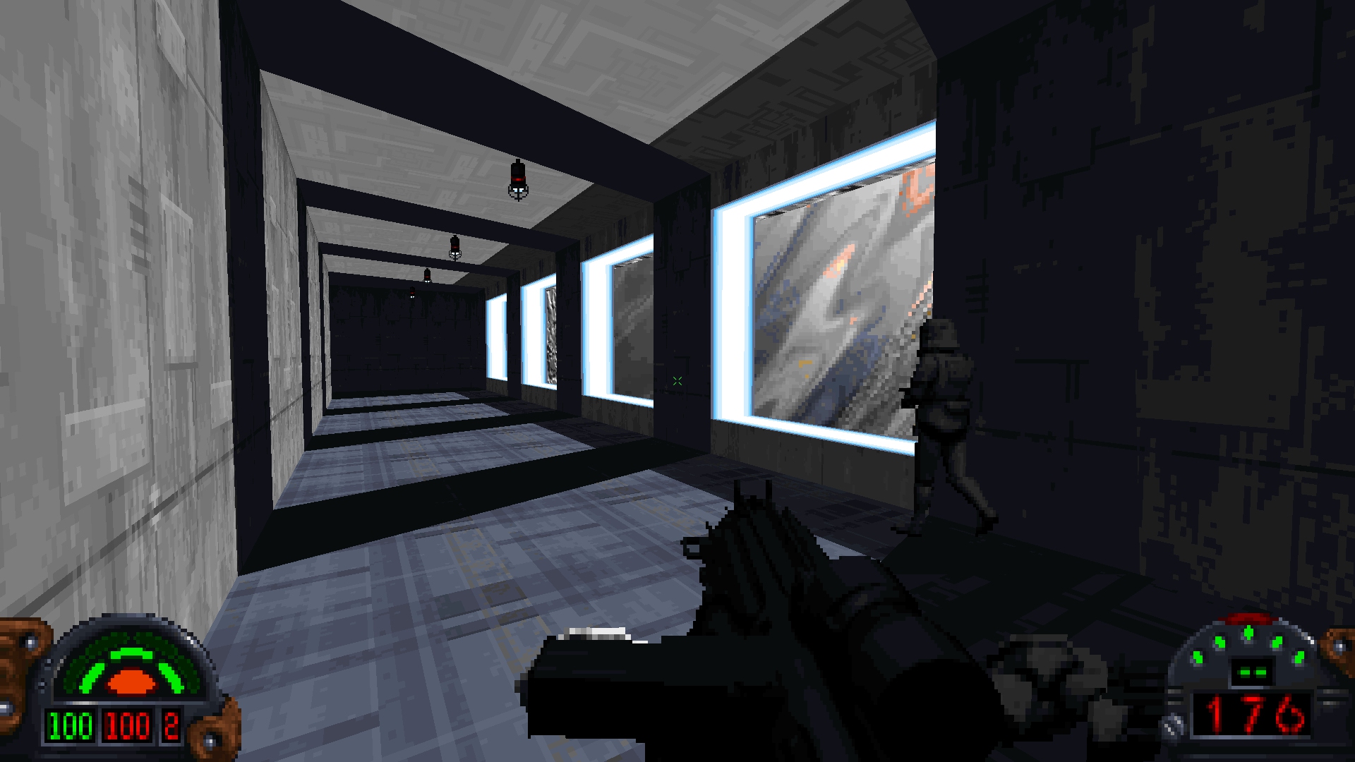 Shadows cast by windows as a Storm Trooper patrols in Dark Forces