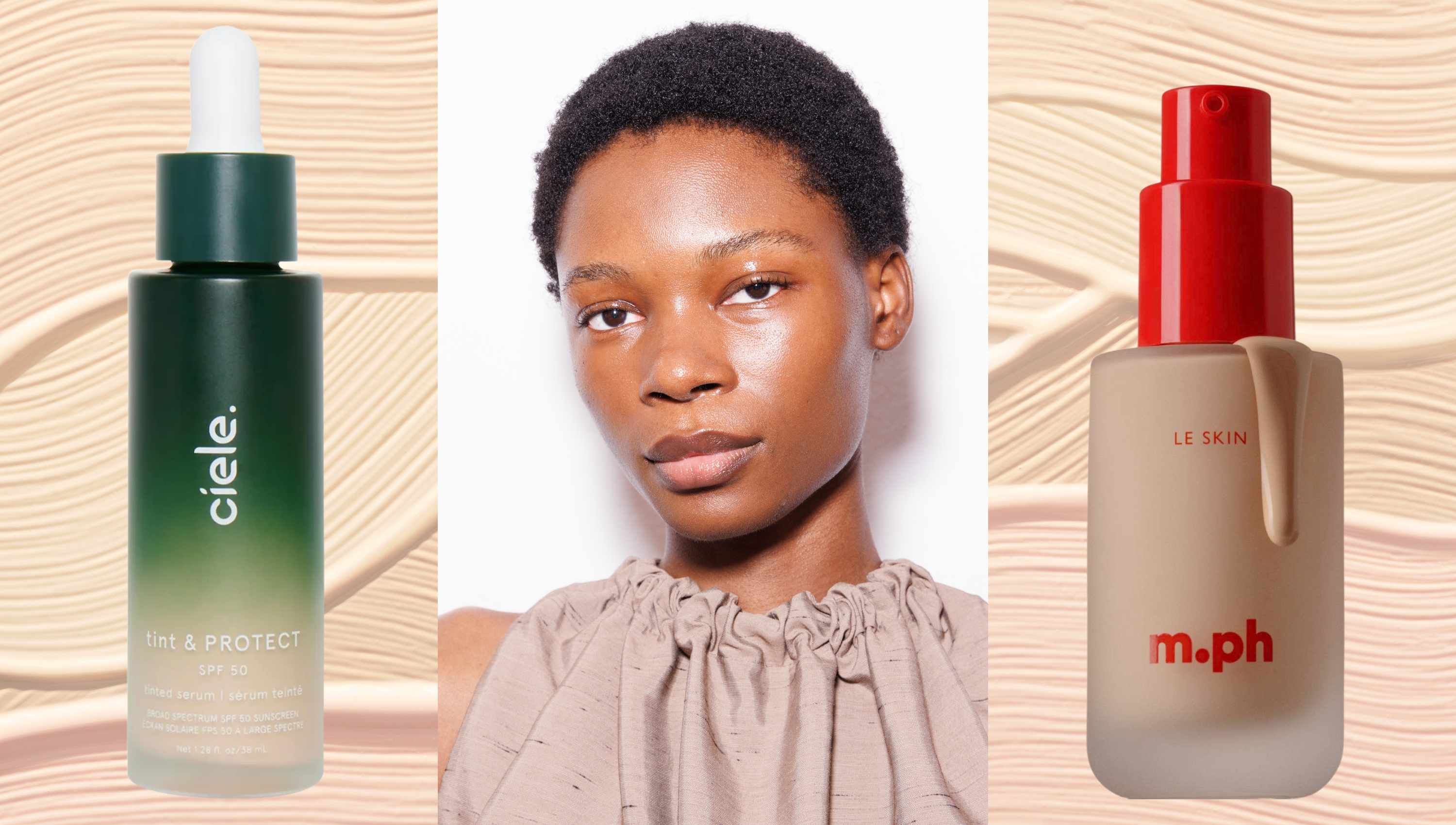 a foundation textured background with the ciele prime and protect on the left, a woman in a beige shirt in the middle, and the m.ph le skin foundation on the right