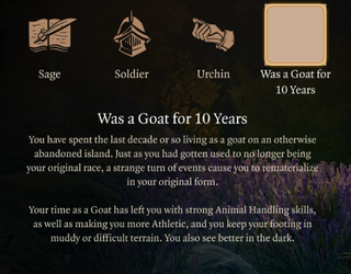 An image depicting the custom Goat Background for Baldur's Gate 3, "Was a Goat for 10 years".