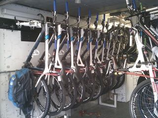 Last year's bikes neatly packed in the trailer. Can't wait to see this year's new rigs. Judging by the spy photos that master mechanic Matt Opperman has been teasing me with, they should be rad.