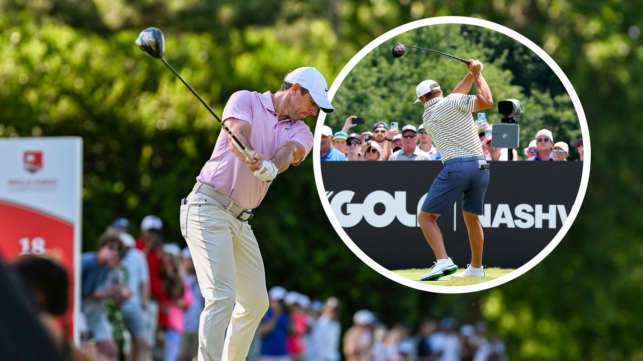 Rory McIlroy and Bryson DeChambeau during their backswing with driver