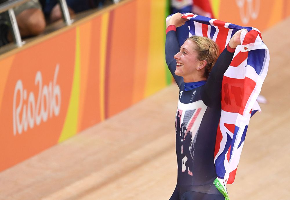Laura Trott (Great Britain) celebrates her Omnium gold medal