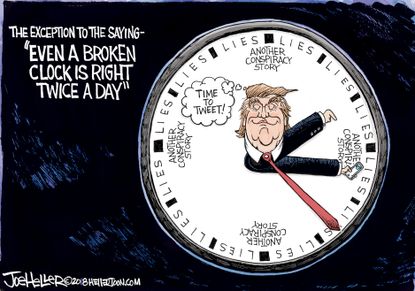 Political cartoon US Trump broken clock conspiracy theory twitter lying