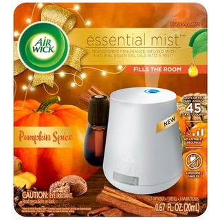 A cardboard pack with a white essential mist diffuser on the front. pumpkin spice branding 