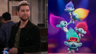 From left to right: screenshots of Lance Bass on How I Met Your Father and the five trolls of Bro Zone singing in Trolls Band Together.