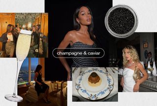 Collage of women at cocktail bars with champagne and caviar