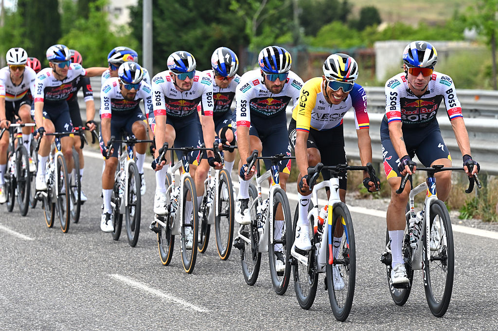 TIRANA ALBANIA MAY 09 LR Egan Bernal of Colombia and Team INEOS Grenadiers and Primoz Roglic of Slovenia and Team Red Bull BORA hansgrohe compete during the 108th Giro dItalia 2025 Stage 1 a 160km stage from Durres to Tirana UCIWT on May 09 2025 in Tirana Albania Photo by Tim de WaeleGetty Images