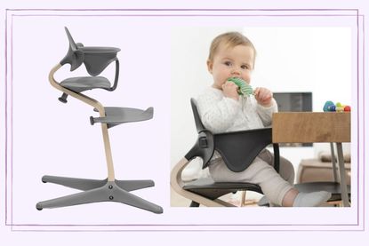 The Stokke Nomi highchair, pictured alongside a smiling baby sitting in it during a meal time