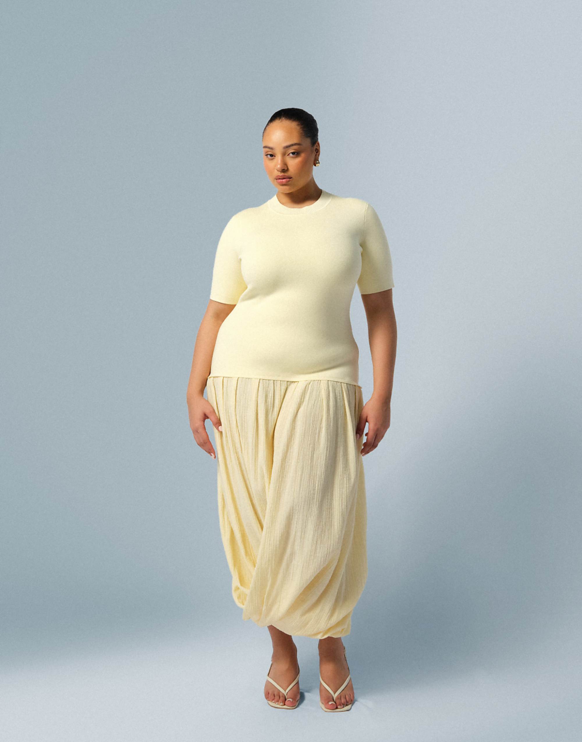 Arrange Curve Knit Short Sleeve Hybrid Midi Dress in Buttermilk