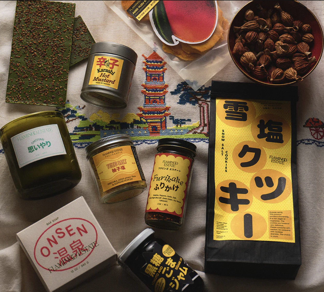 The contents of a Flamingo Estate subscription box with a Japanese theme