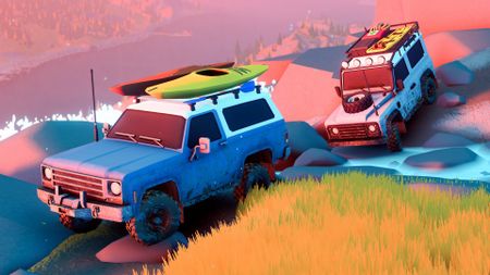 4x4s in Over the Hill cross a river with canoes on the roof