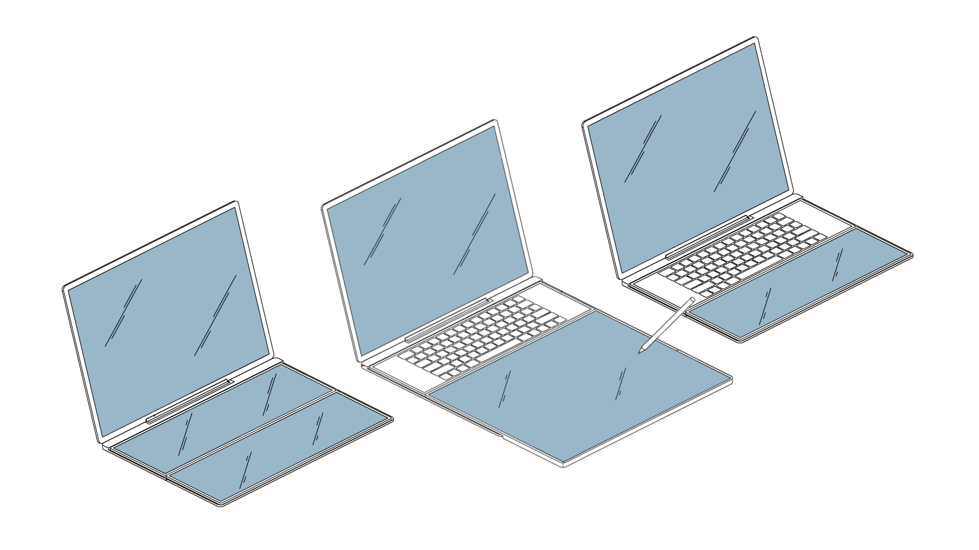 Modular MacBook Pro patent image showing dual screen, triple screen, and graphics tablet configurations.
