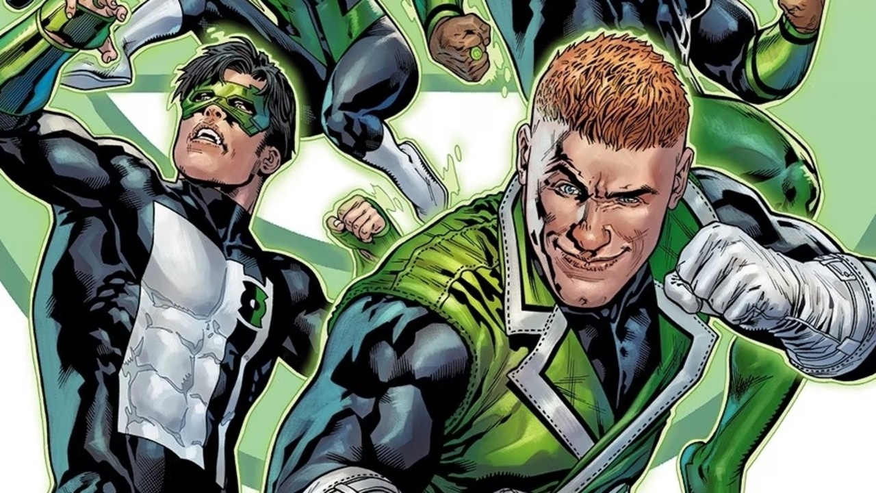 Several Green Lanterns from the comic books, all standing in dynamic action poses.