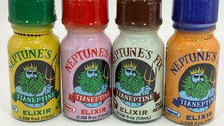 four small, colorful bottles labeled "neptune's fix, tianeptine elixir" photographed against a white background. There's a cartoon drawing of Neptune on each