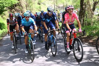 POTENZA ITALY MAY 13 LR Fabio Felline of Italy and Team Astana Qazaqstan William Barta of United States and Movistar Team and Juan Pedro Lpez of Spain and Team Trek Segafredo Pink Leader Jersey compete during the 105th Giro dItalia 2022 Stage 7 a 196km stage from Diamante to Potenza 717m Giro WorldTour on May 13 2022 in Potenza Italy Photo by Michael SteeleGetty Images
