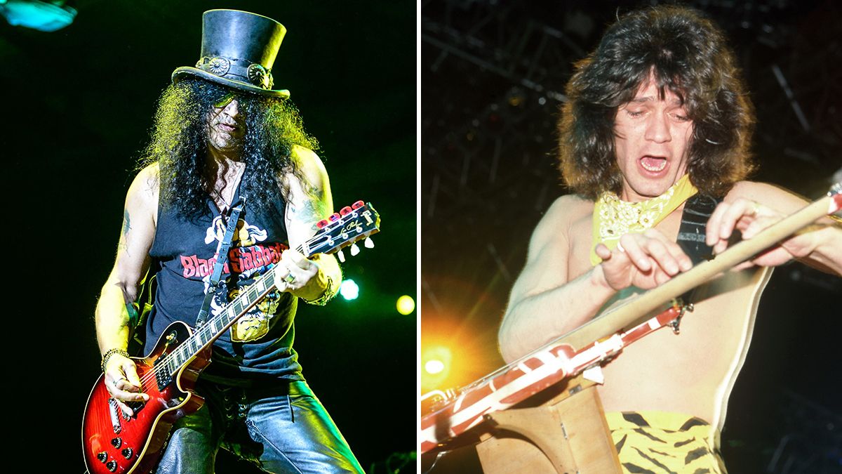 Slash and Eddie Van Halen playing guitar live on stage