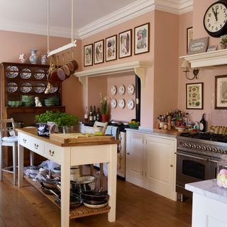 pink kitchen with narrow island and art on walls