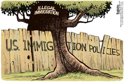 Political Cartoon U.S. Illegal immigration undocumented immigrants immigration policies Trump border wall